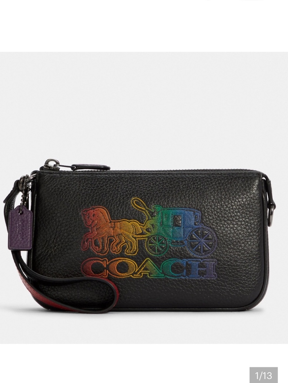 Coach Nolita 19 Black Pebbled Leather Wristlet with Rainbow Coach Carriage Logo